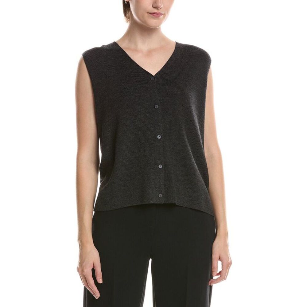 Eileen Fisher Womens Wool V-Neck Vest, Gray